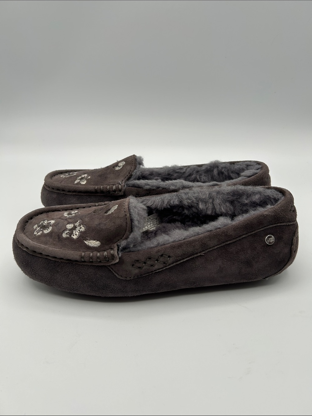 UGG Ansley Blossom Gray Suede Moccasin Slippers with Plush Shearling Lining - Picture 4 of 16